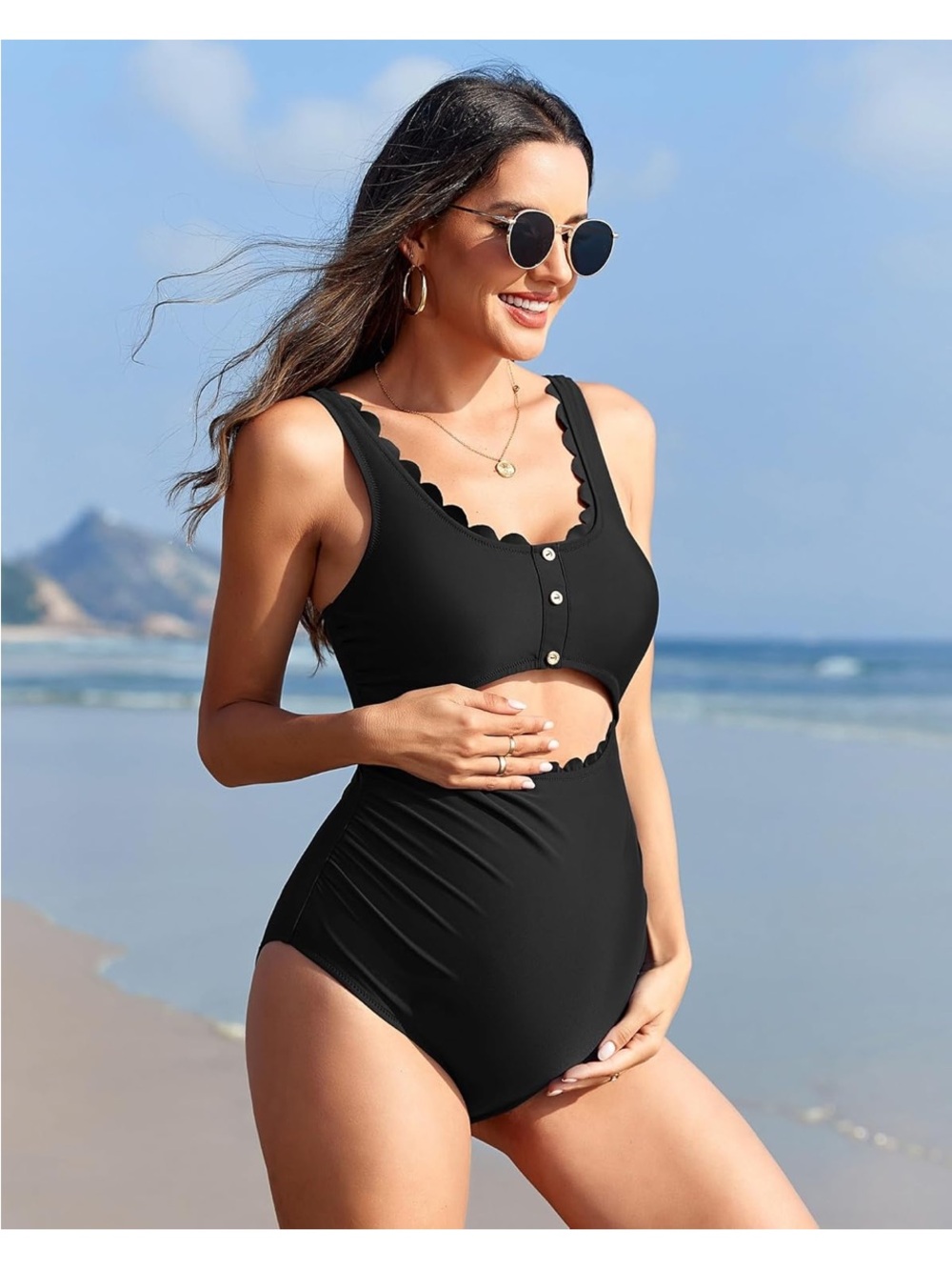๐ ๐ Scalloped Cut-Out Ruched High-Waist Maternity One-Piece Swimsuit - Black M - Picture 4 of 16